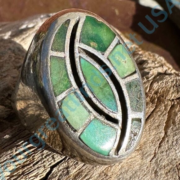 Solid Sterling Silver Zuni Signet Ring Inlay Turquoise Size 10 - Picture 3 of 7